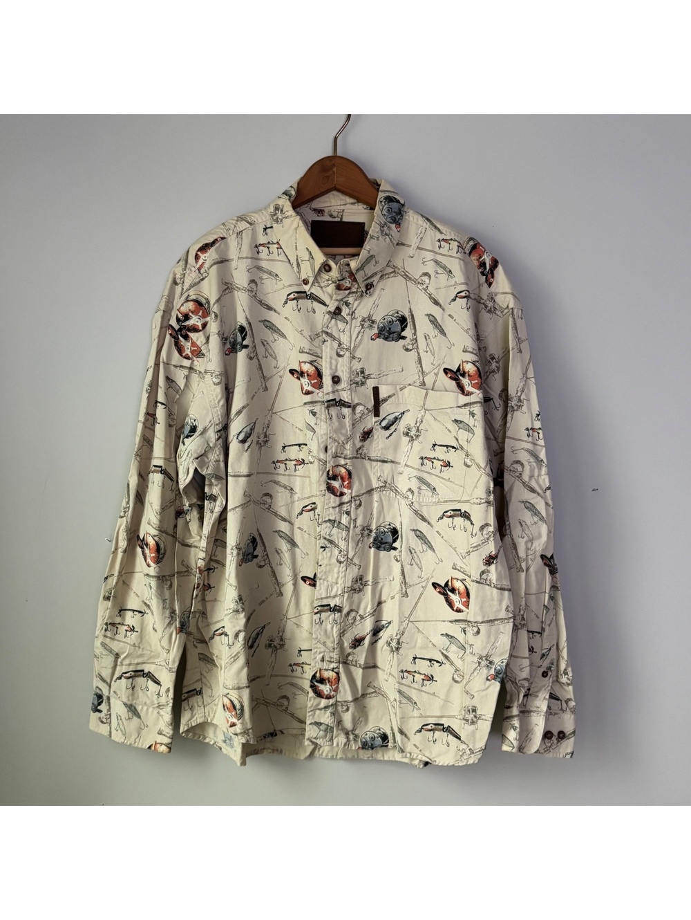 Clearwater Outfitters Fishing Lure Print Shirt Long Sleeve Cream Tackle AOP XL